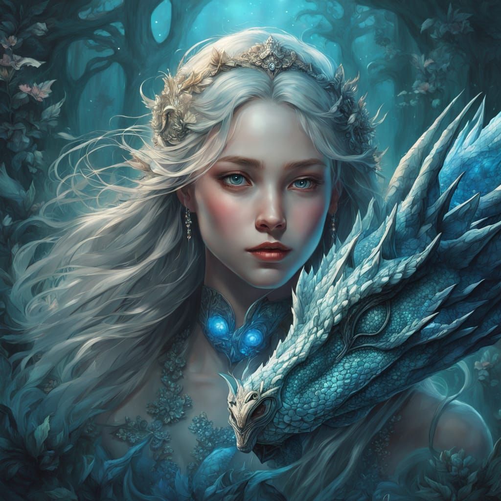Princess with Baby Dragon in Mystical Underwater Forest