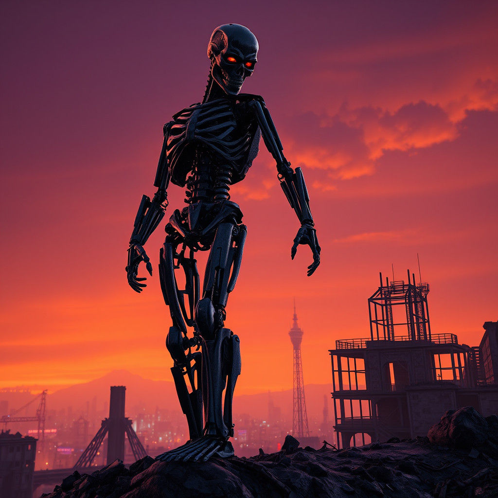 Terminator T-800 in Ruined Cityscape