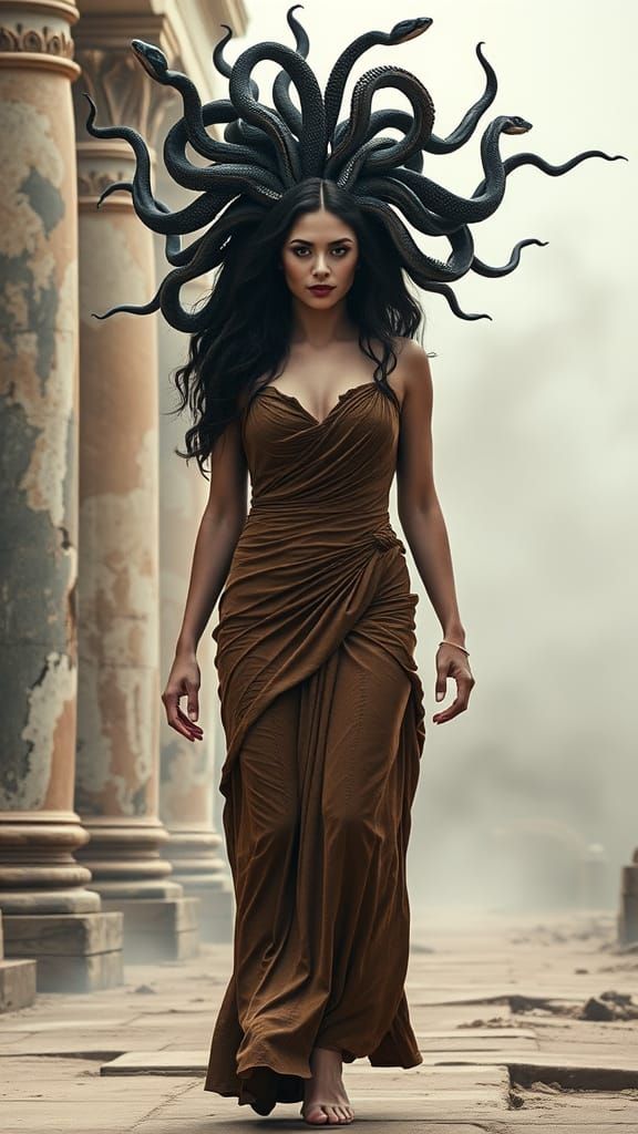 Ethereal Medusa in Brown Dress Walks Near Ancient Columns