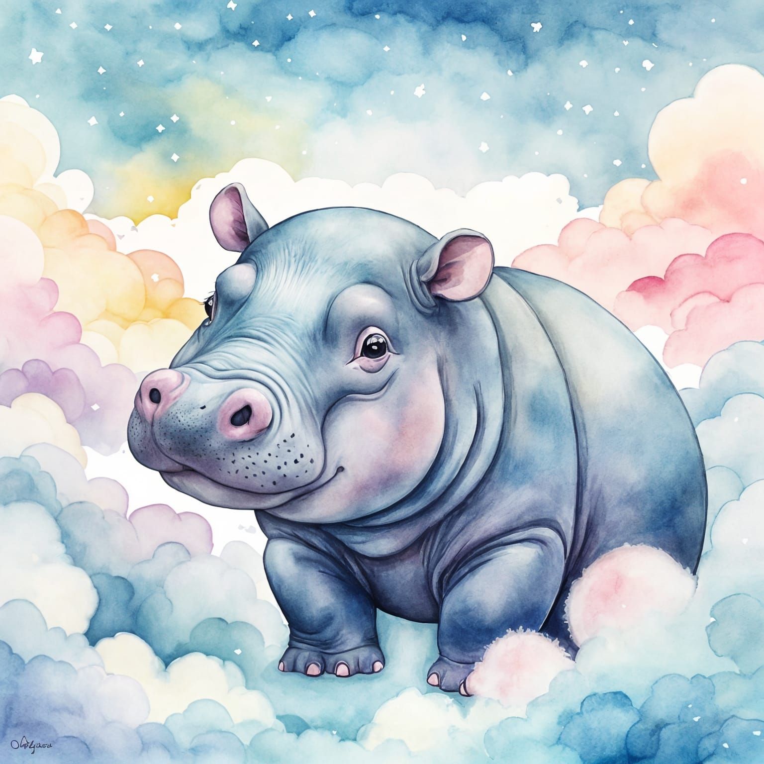 Surreal Hippo Baby Dreams in Soft Cloudy Bed