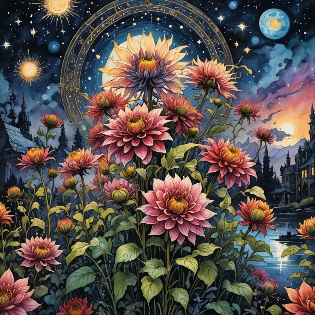 Ethereal Gothic Dahlia Under Starry Night
