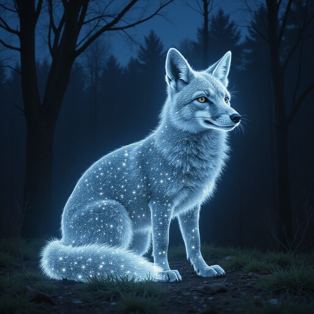 Starlight Fox in Dark Forest, Digital Art