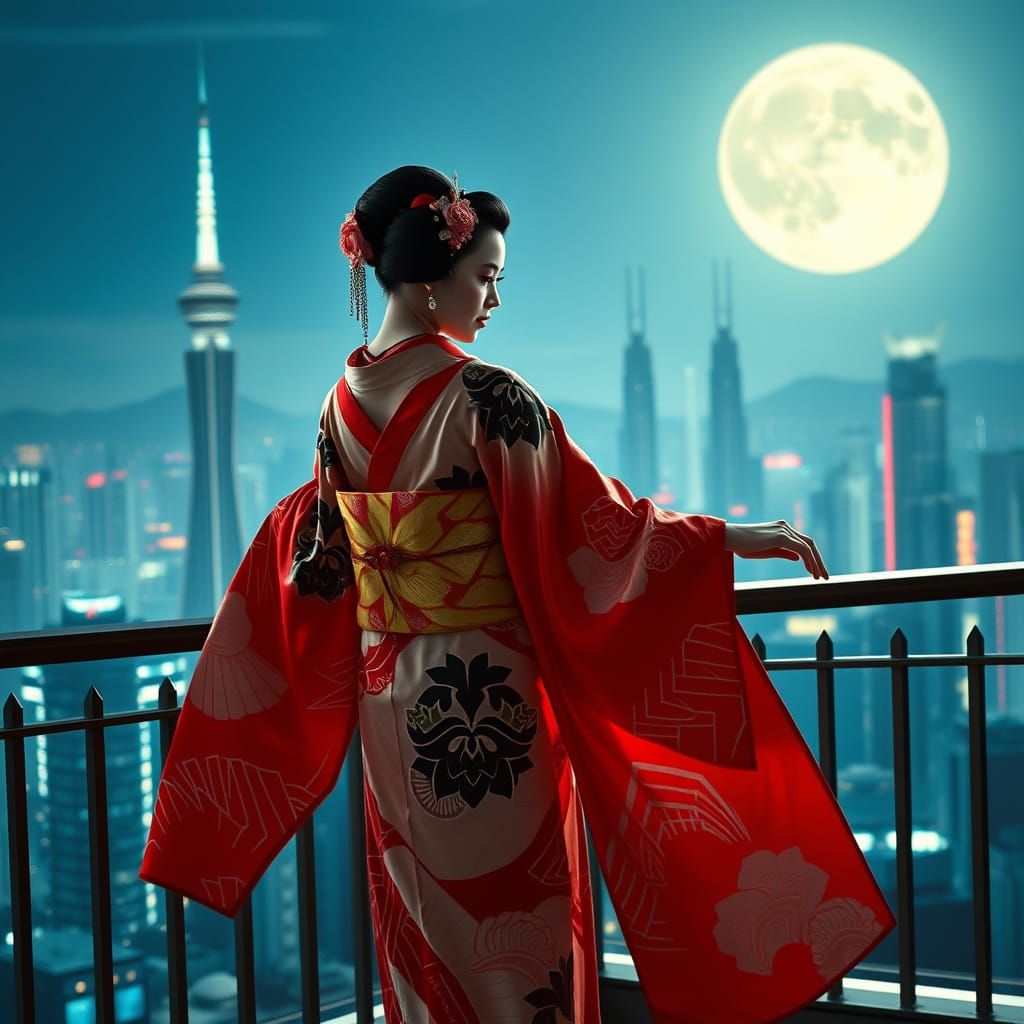 Art Deco Geisha Dances in Futuristic Neon City