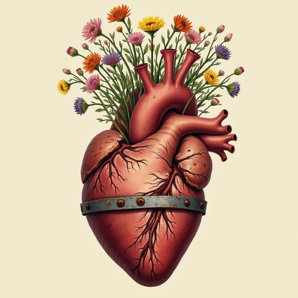 Anatomical Heart Constricted by Steel Band with Blooming Flo...