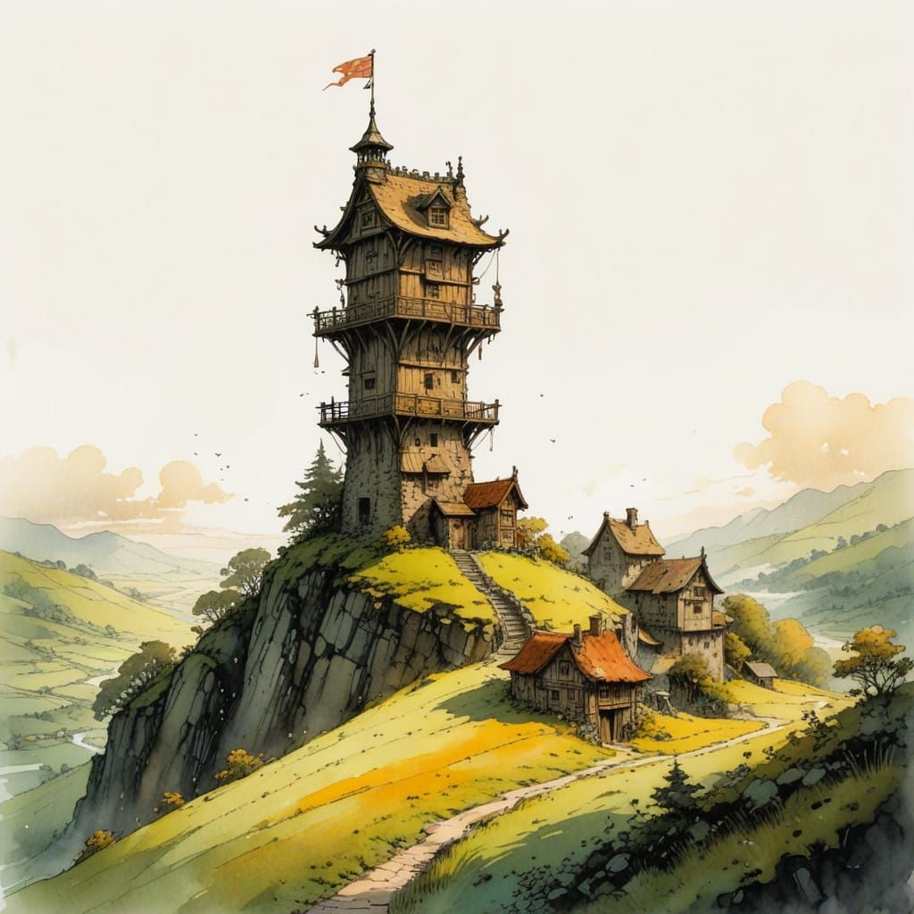 Medieval Wooden Watchtower in Warm Golden Light