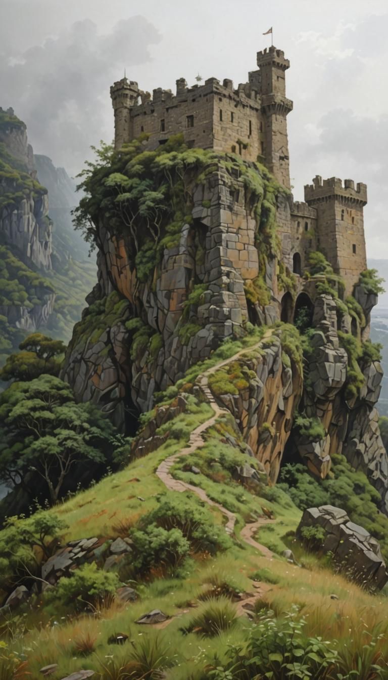 Renaissance Castle Rock Structure Painting