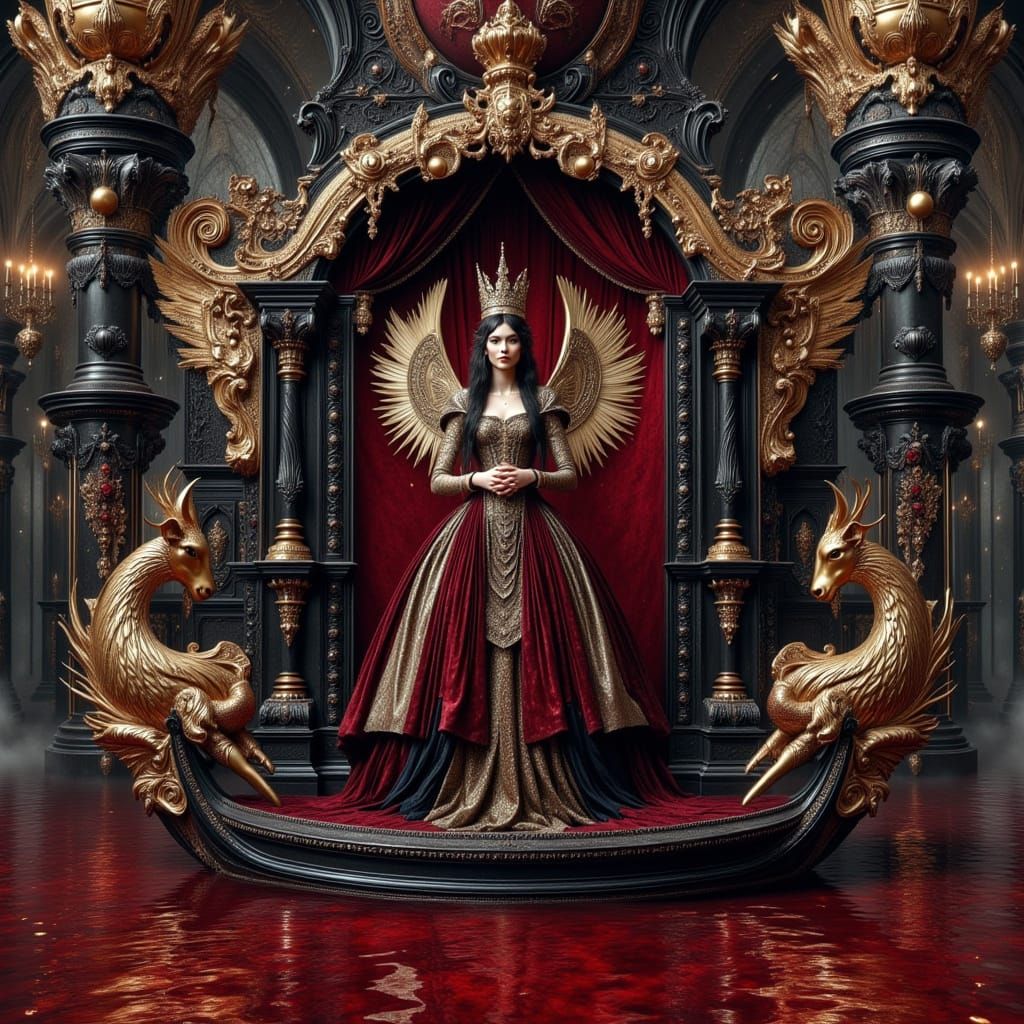 Ornate Imperial Barge on Blood-Red Inlet in Surrealist Style