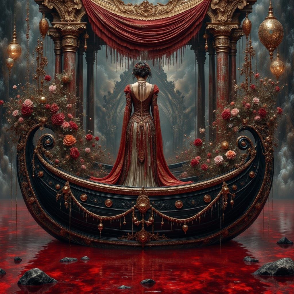 Ornate Imperial Barge on Blood-Red Inlet