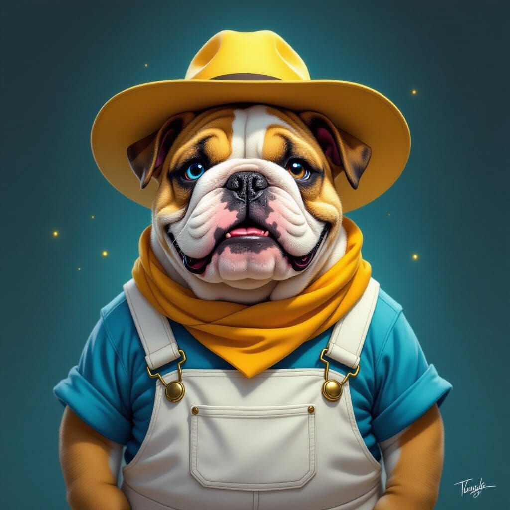 Brightjack the Smiling Bulldog in Heroic Attire