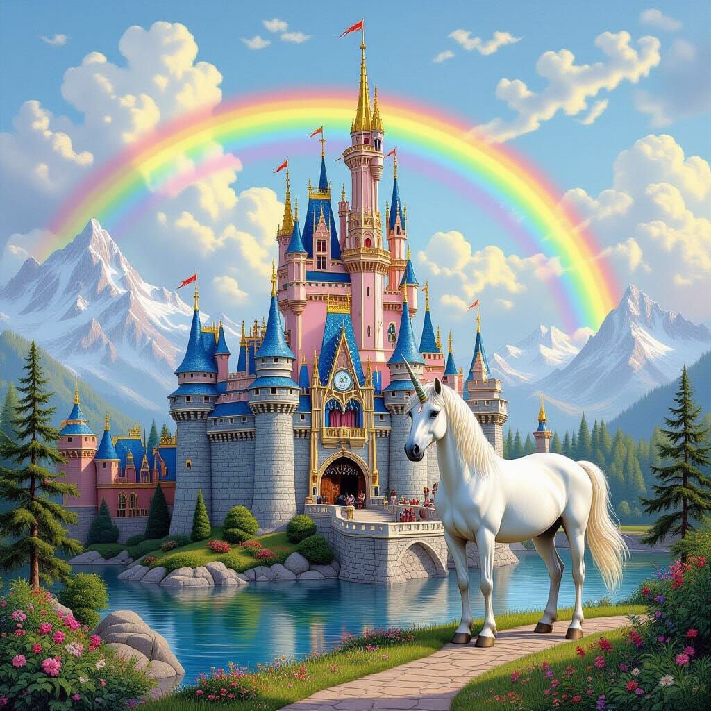 Magical Unicorn Castle in Elven Paradise Landscape