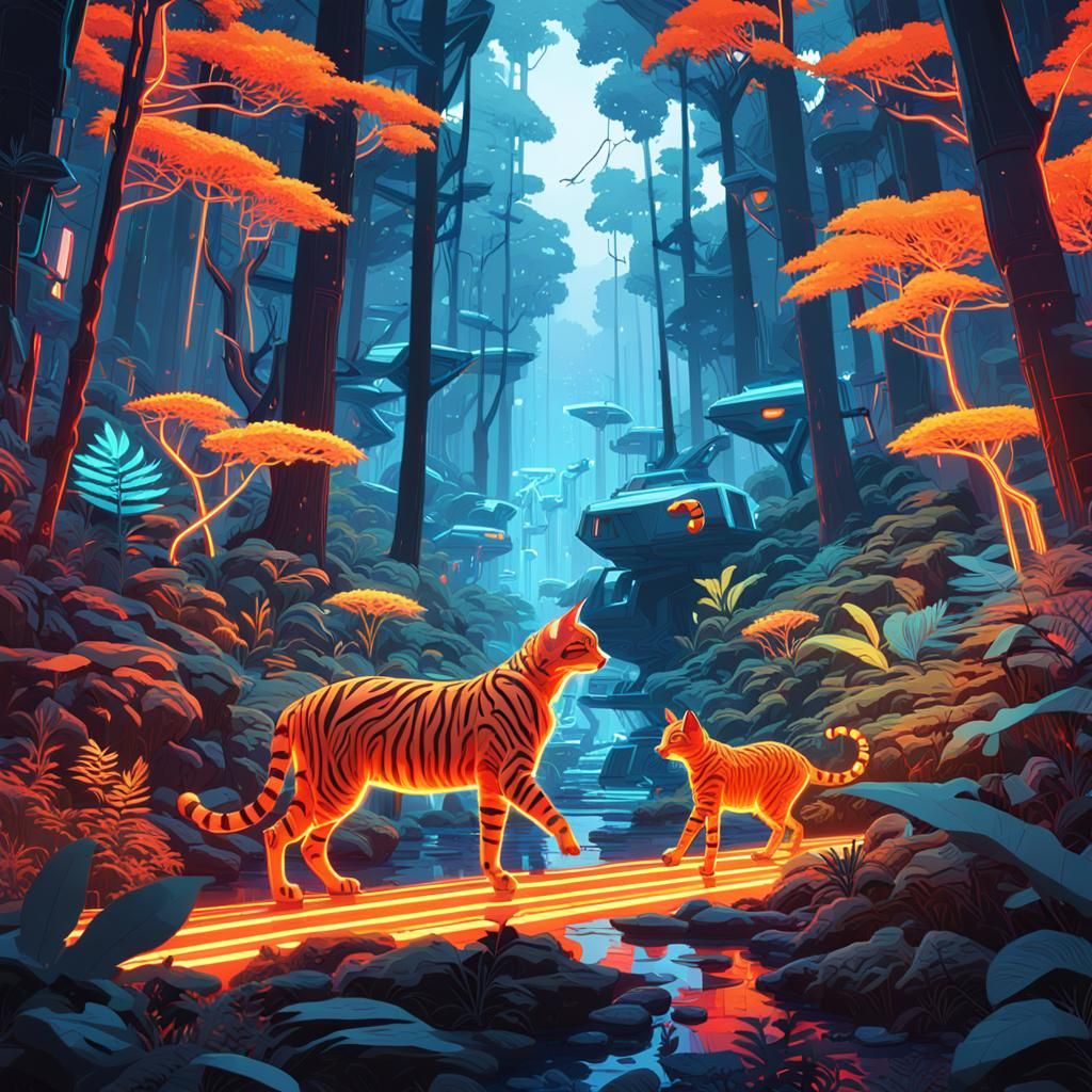 Vibrant Robot Cats Jam with Animals in a Neon-Lit Forest