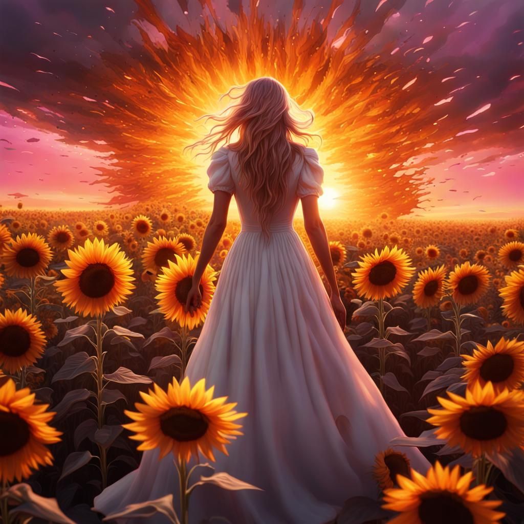 Woman in Sunflower Field at Sunset: Surreal Art