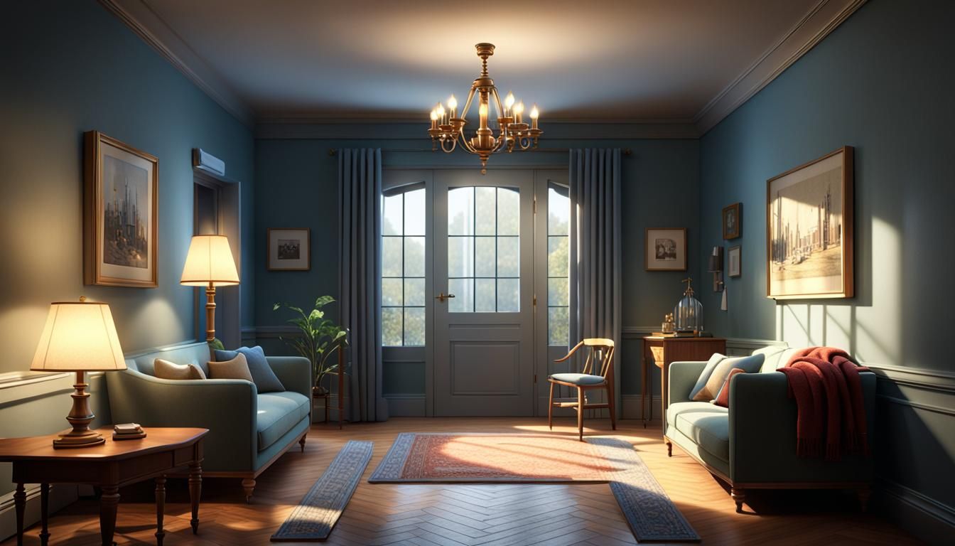 Cozy Pixar-Style Hall with Warm Chandelier Lighting