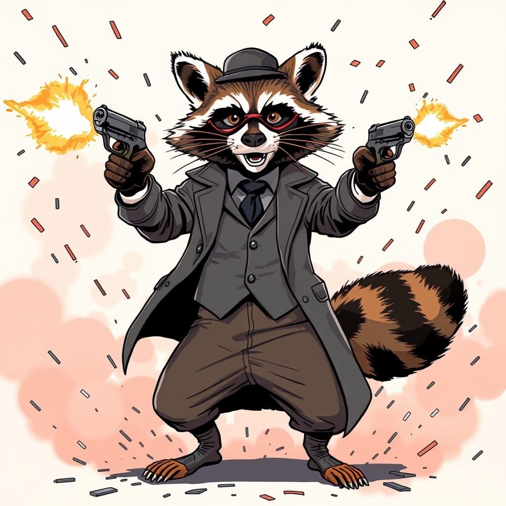 Dapper Raccoon Gunslinger in a Fiery, High-Contrast Illustra...