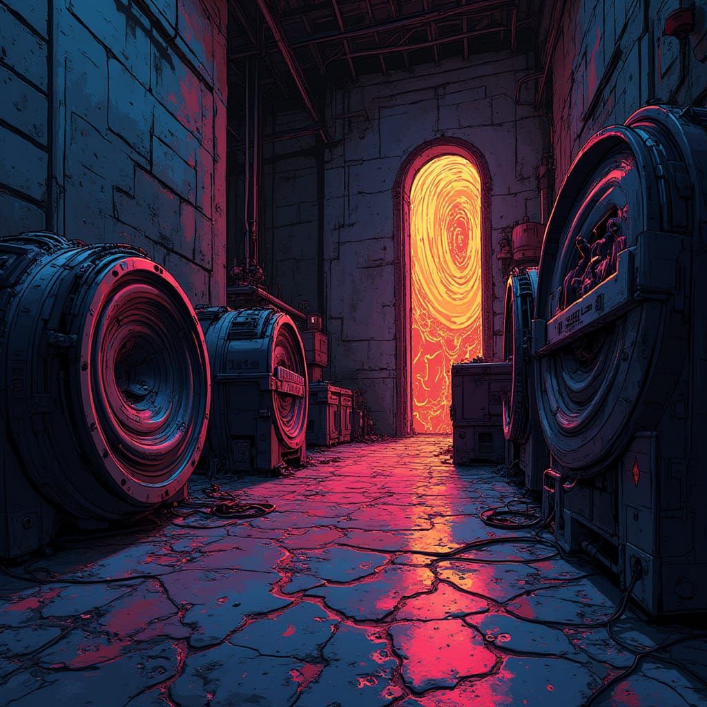 Psychedelic Warehouse Scene with Subwoofer Sound Waves