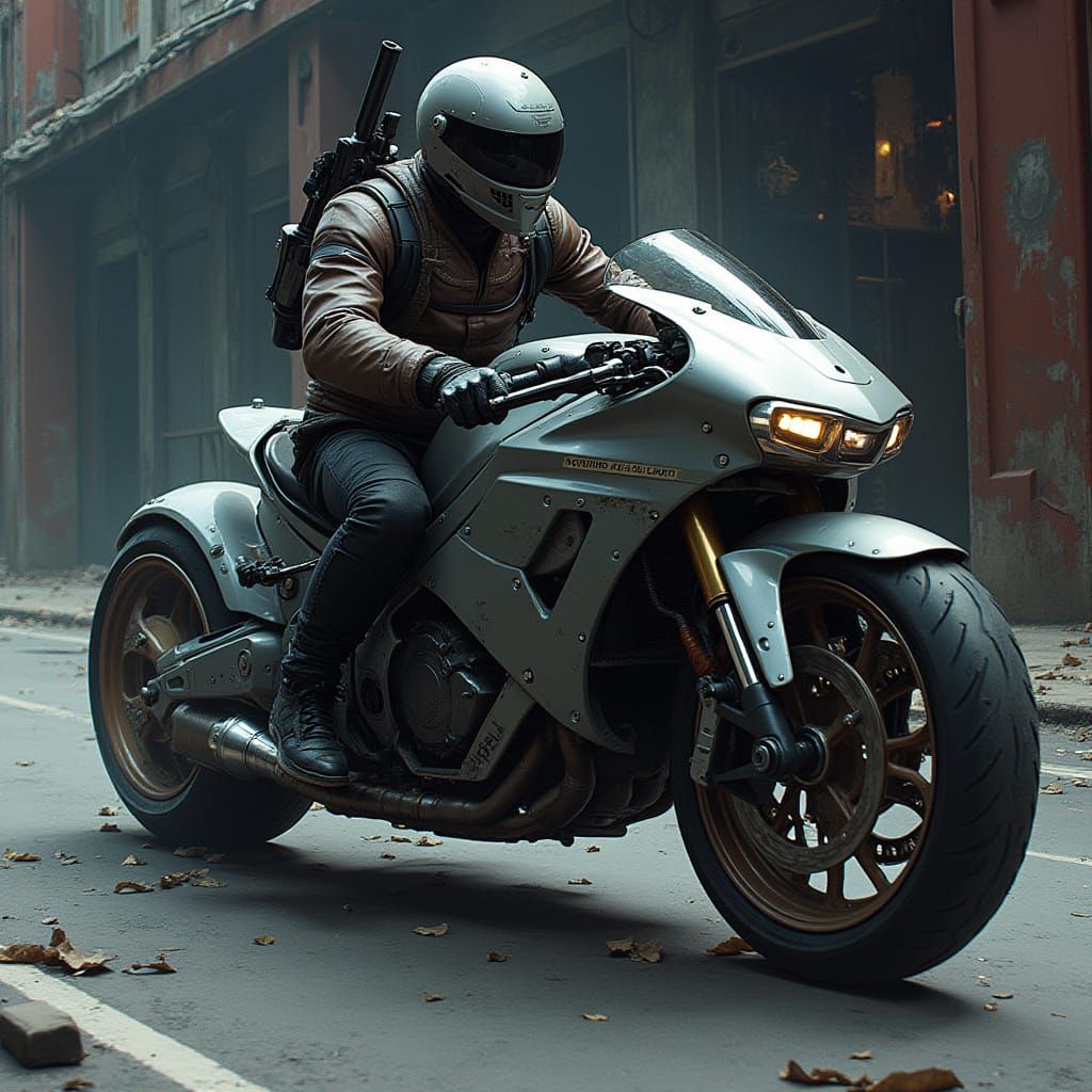Futuristic Biker in Gritty Urban Landscape