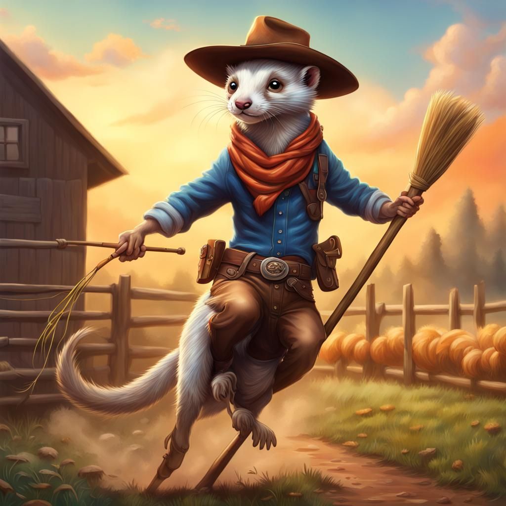 Cowboy Weasel Rides Broomstick: Hyperrealistic Splash Art