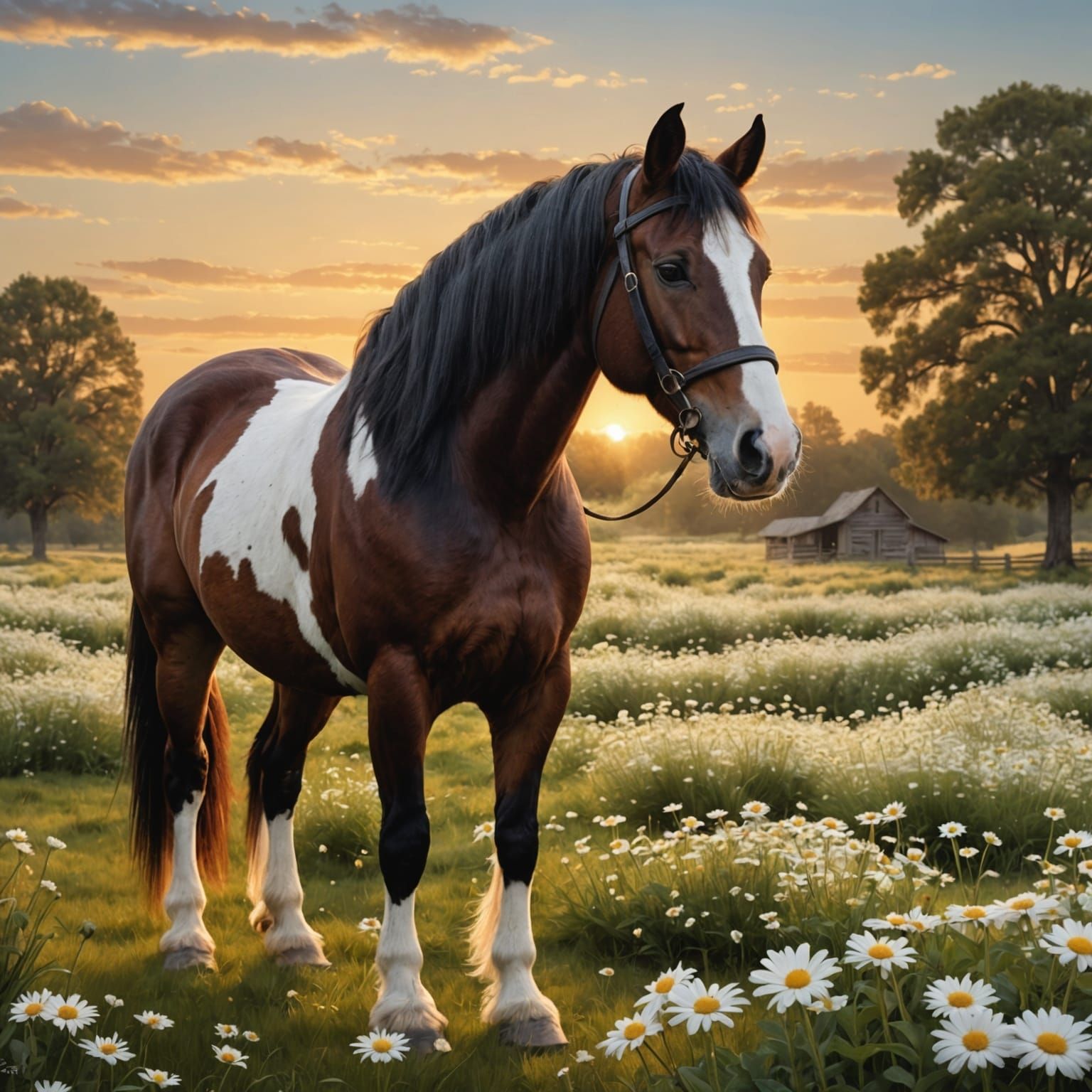 Pinto Draft Horse in Daisy Field: Old Master Style