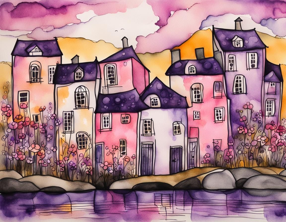 Whimsical watercolour and ink. Medium shot. little pink hous...