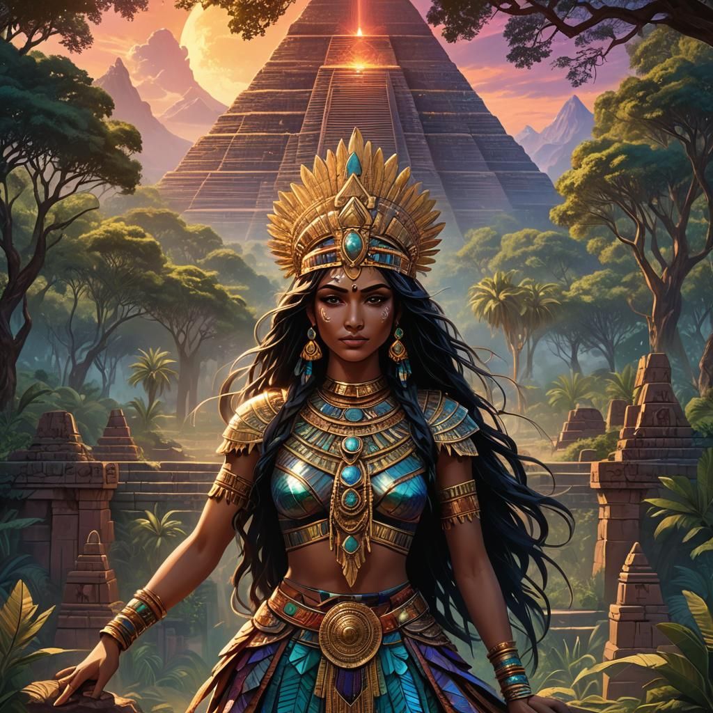 Mesoamerican Goddess in Iridescent Mesa Landscape