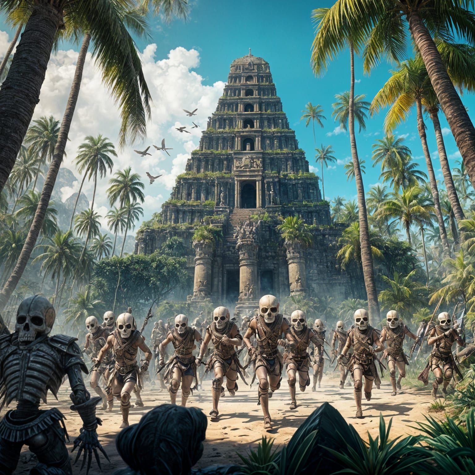 Hyperrealistic Tropical Apocalypse in Splash Art Style