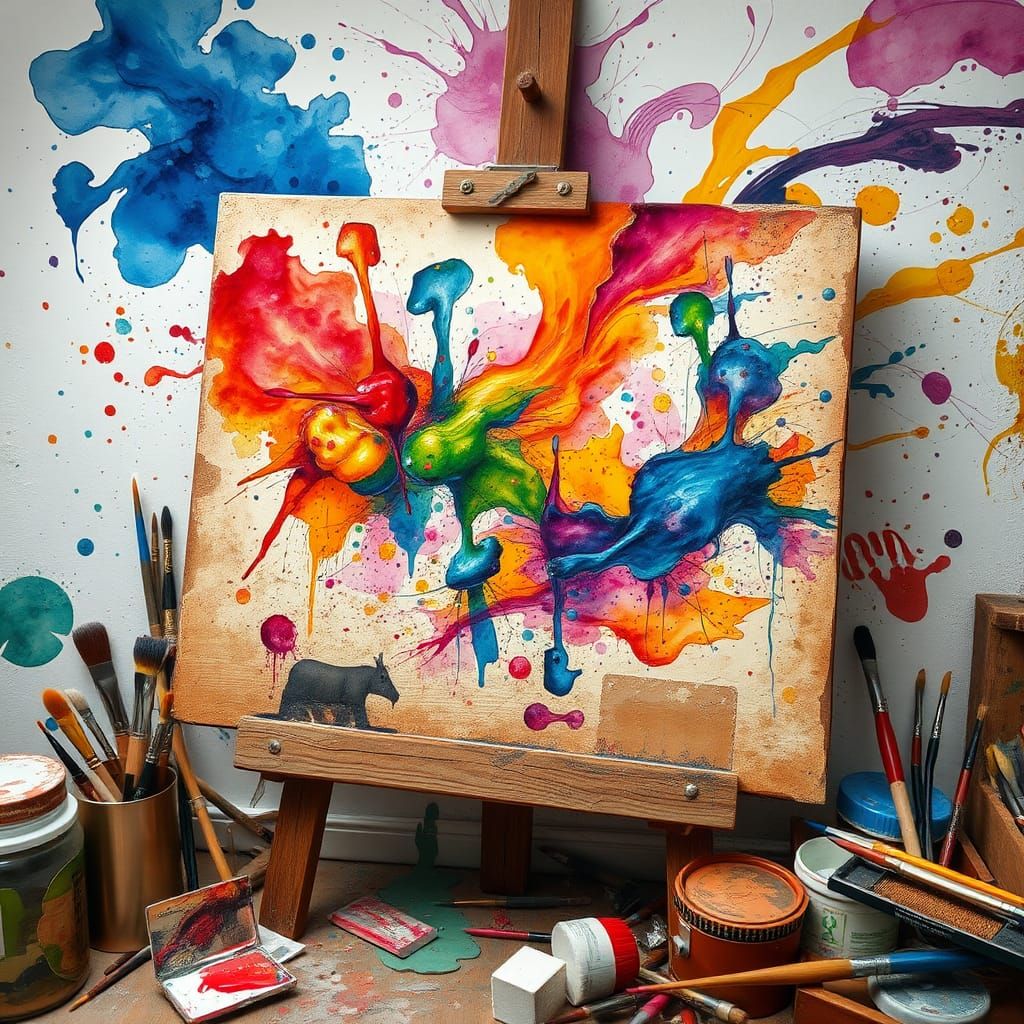 Watercolor Paint Splashing onto Artist Board: Fantasy Concep...