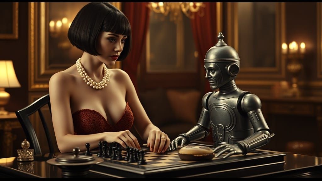1920s Flapper Plays Chess with Tin Man in Luxury