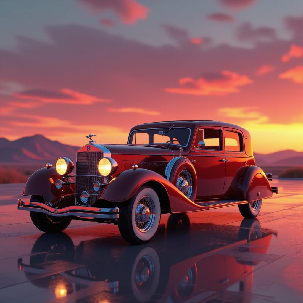 Golden Sedan Under Vibrant Sunset: 1930s Style