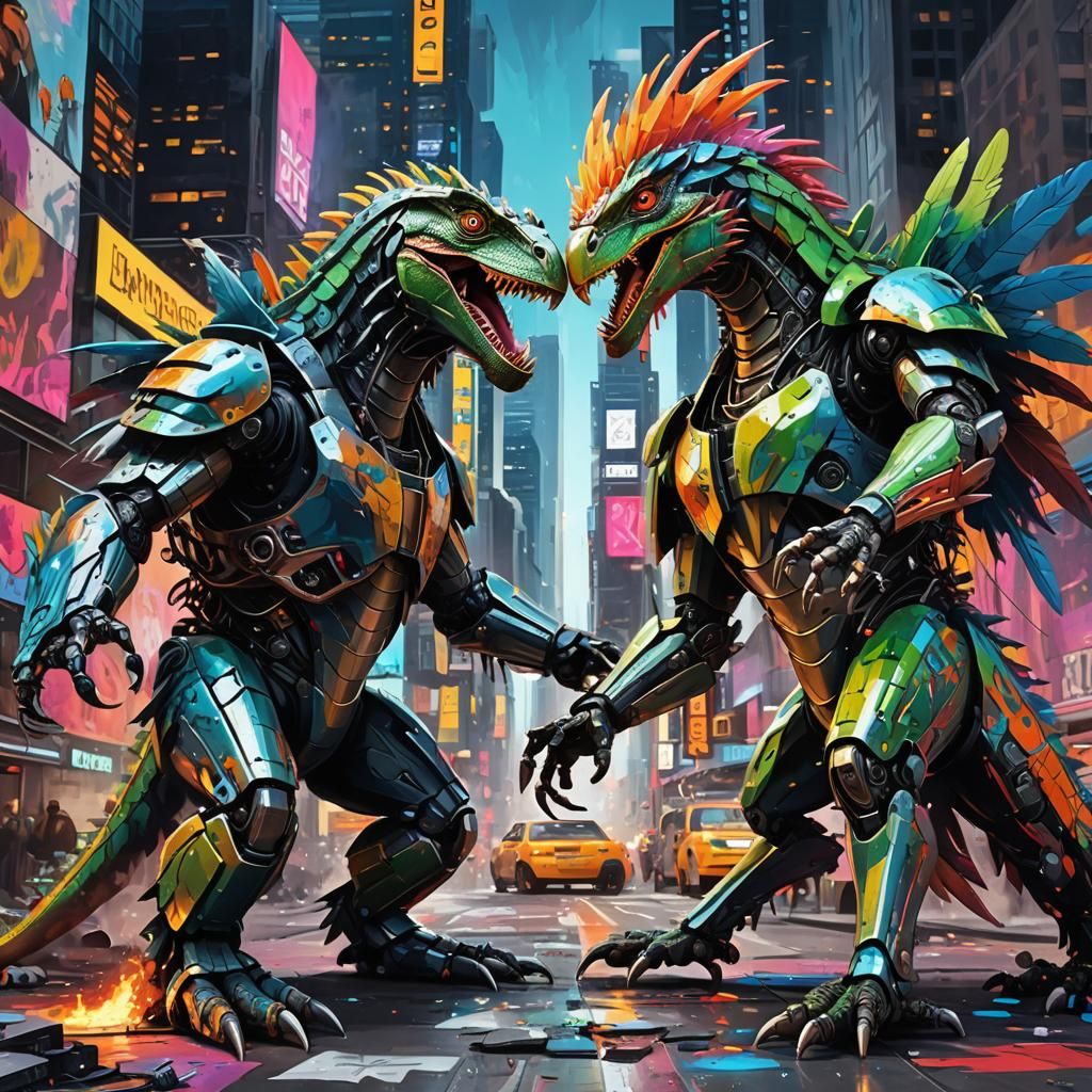 Robot Lizard vs Eagle Clash in Graffiti Art