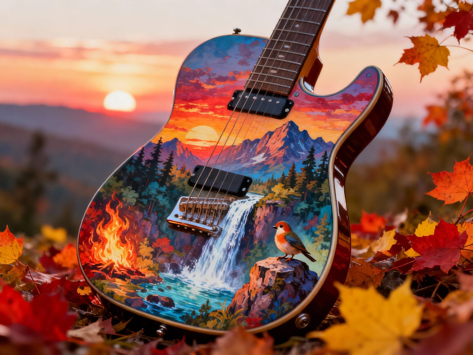 Surreal Electric Guitar with Vibrant Landscape Sunset
