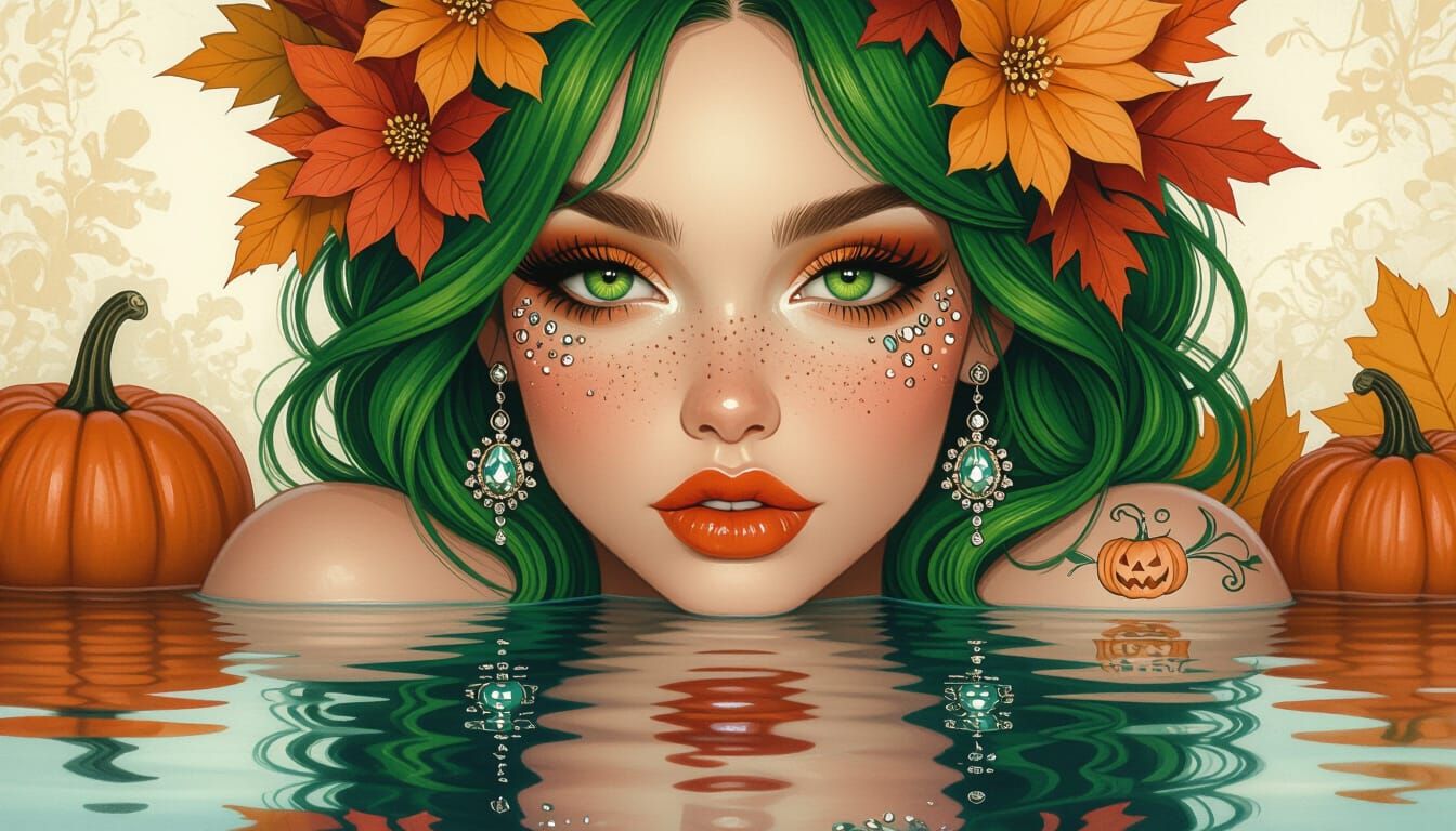 Woman with Green Hair and Flowers in Water Reflection