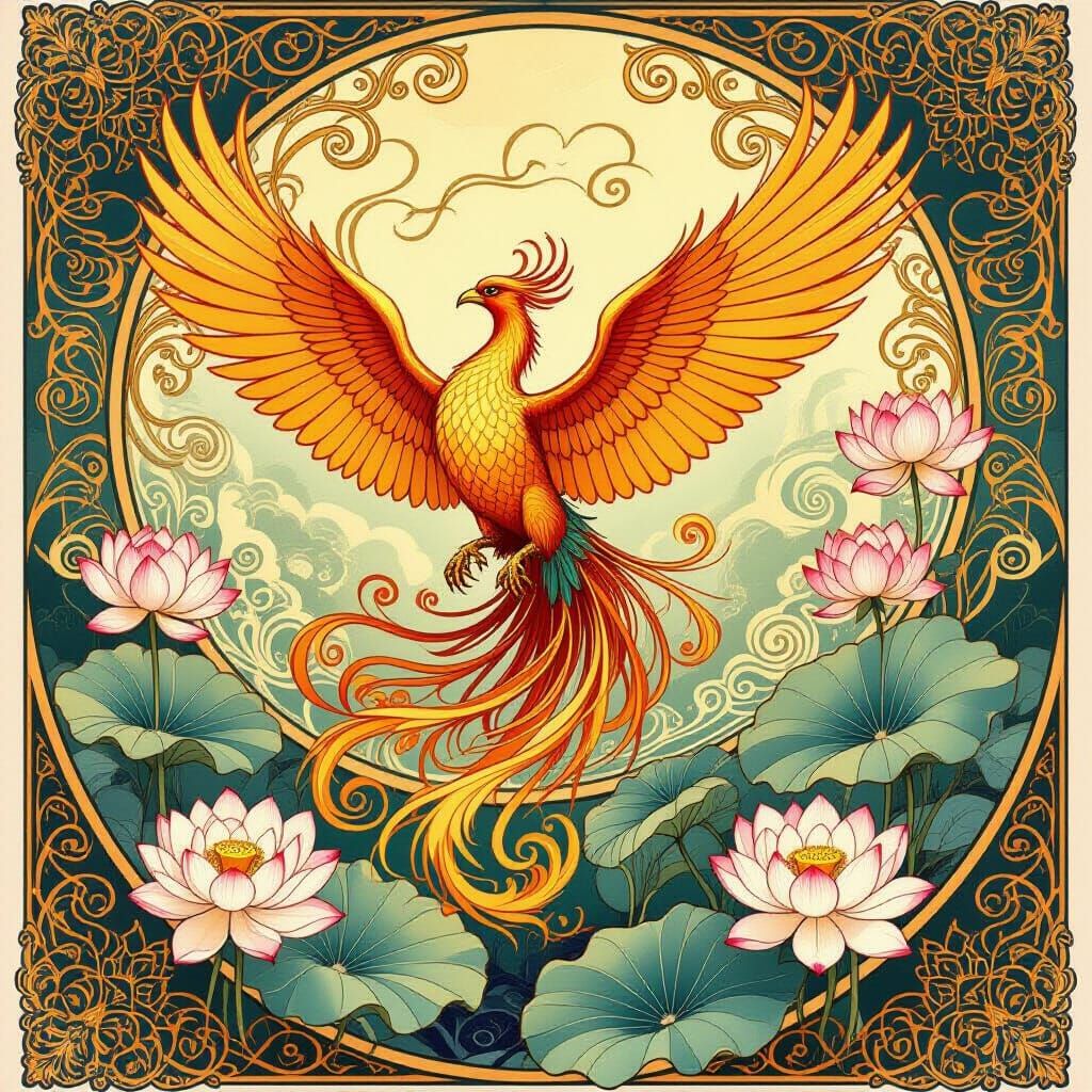 Art Nouveau Phoenix Rises From Ashes in Golden Hues