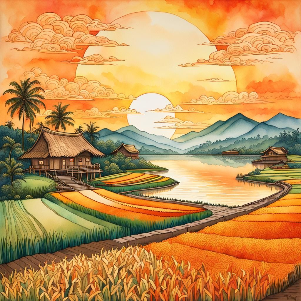 Rice Field Vista in Watercolor Style