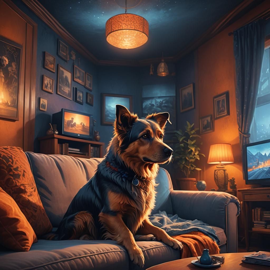 Dog Watches TV: Fantasy Concept Art in Charcoal Style