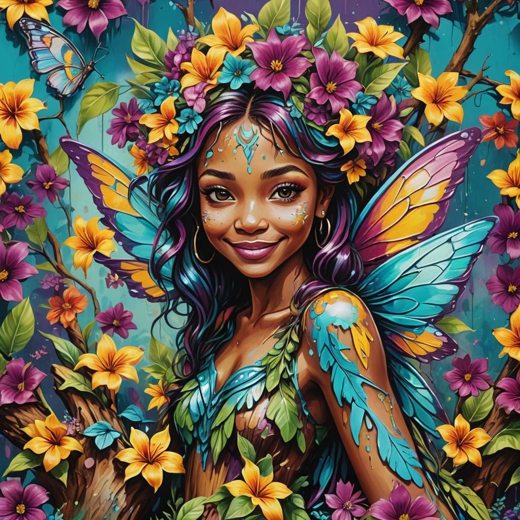 Caribbean Fairy Portrait in Vibrant Graffiti Art