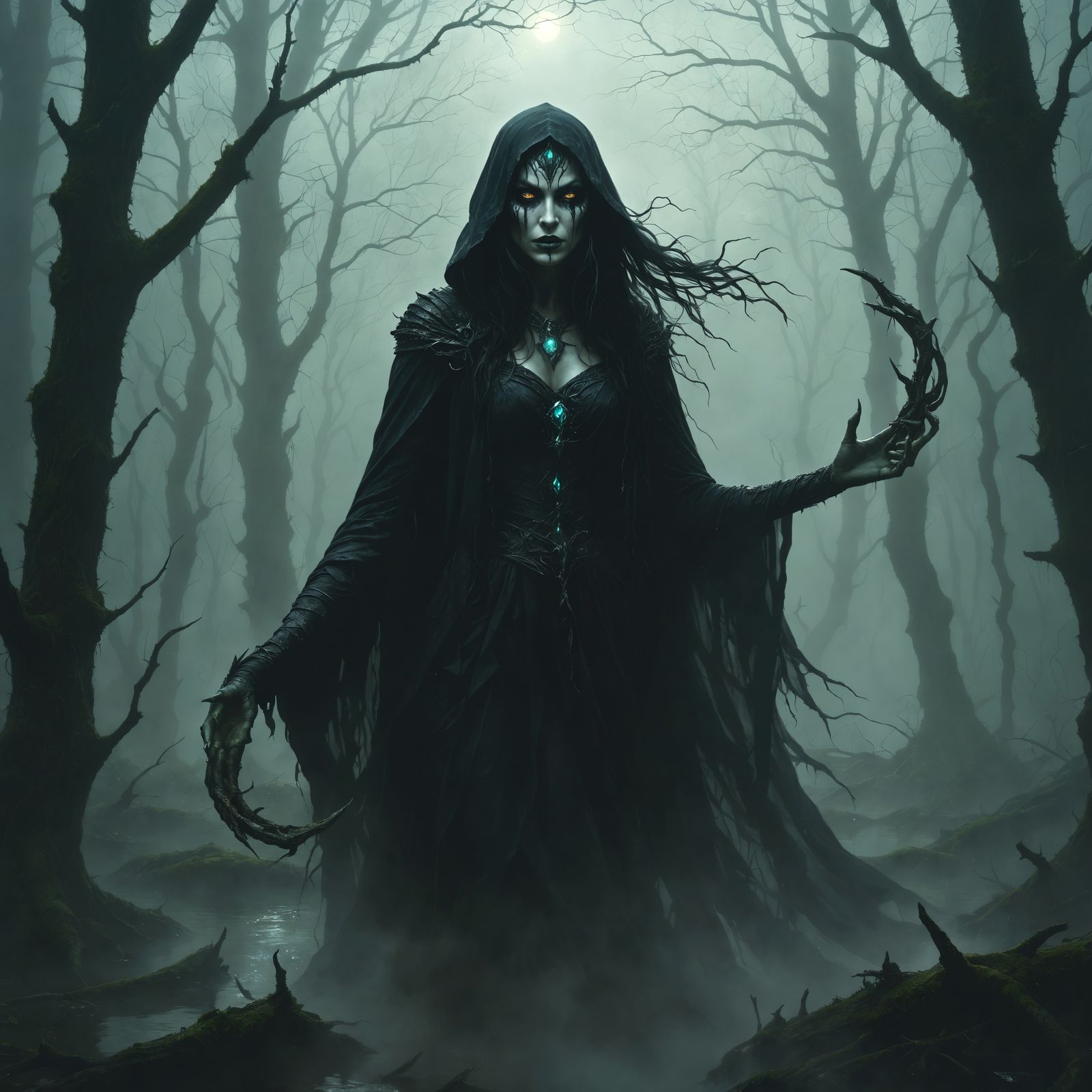 Sinister Sorceress Emerges from Foggy Swamp