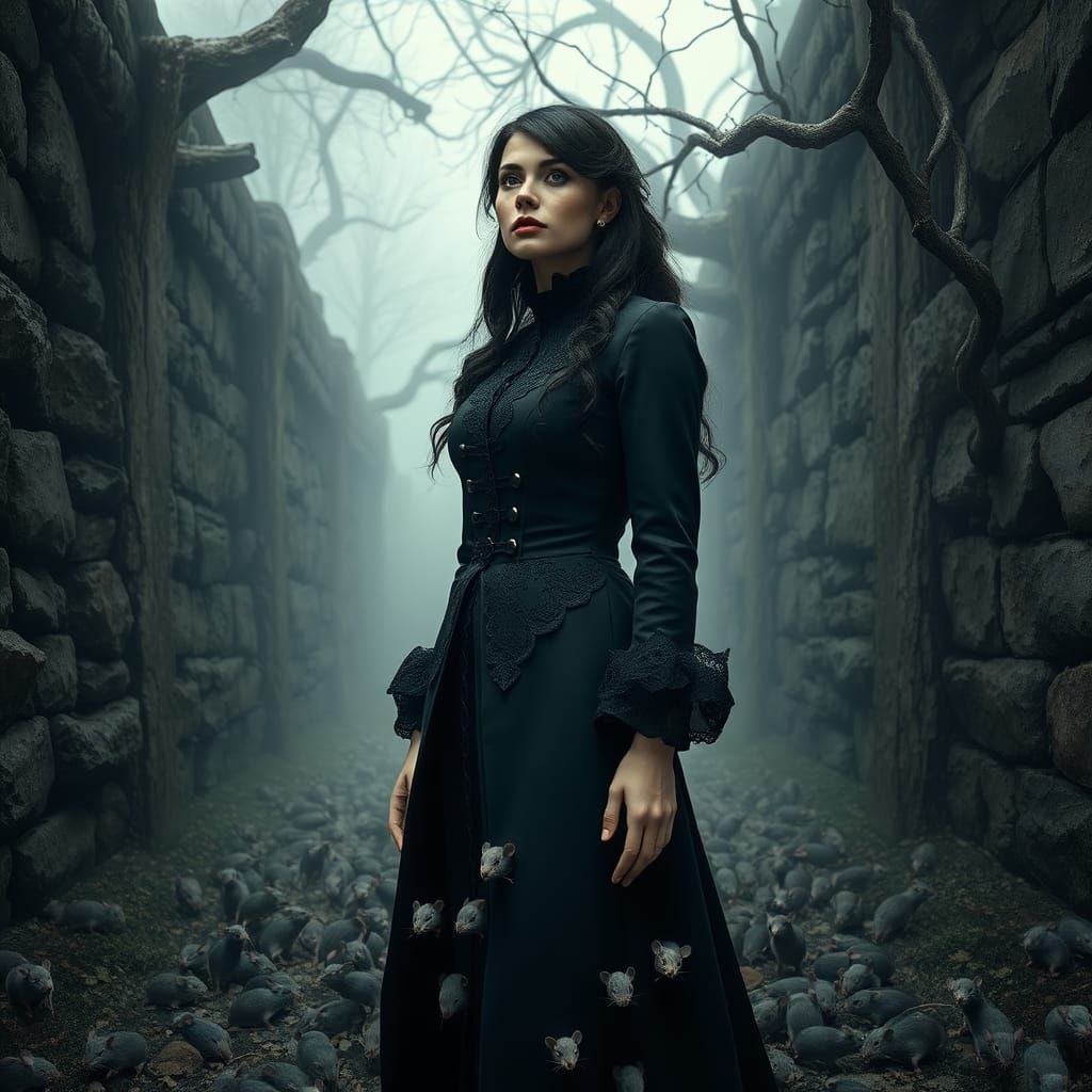 Hyperrealistic Victorian Woman Amidst a Mice Downpour