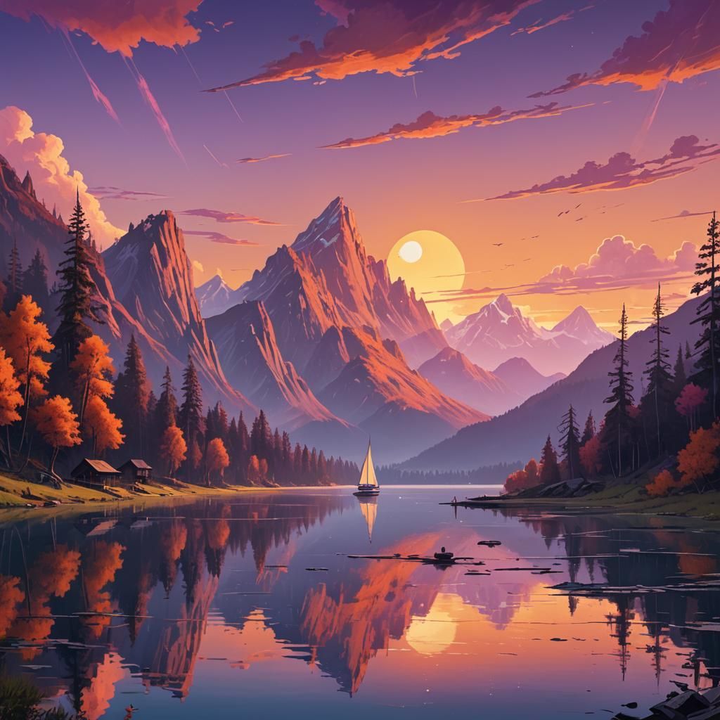 Sunset Lake with Mountains, Trees, Fantasy Concept Art