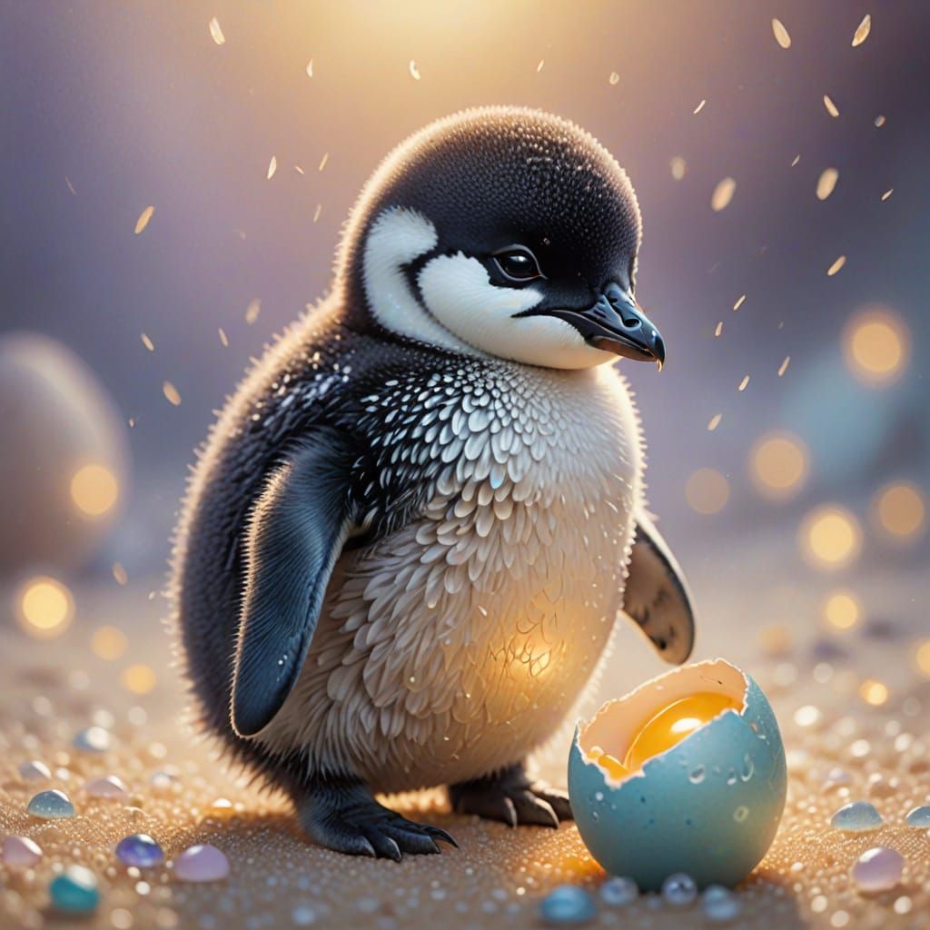 Baby Penguin Hatches in Ethereal Fantasy Style