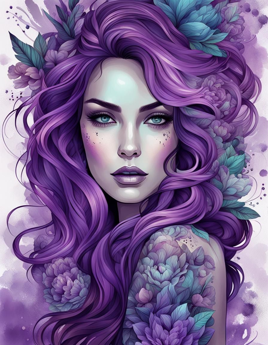 Woman with Purple Hair and Tattoos: Digital Art
