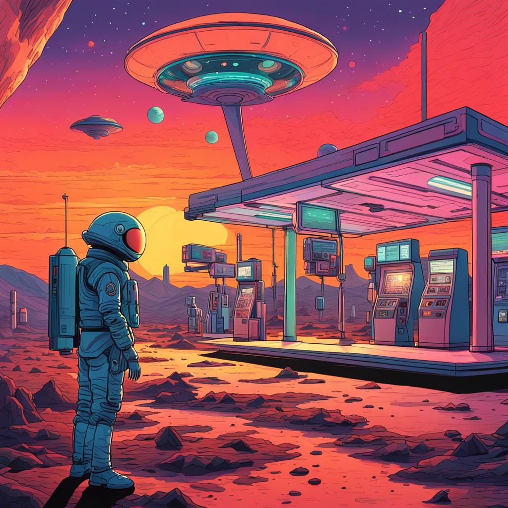 Alien Gas Station Sunset: Dreamlike Sci-Fi Concept Art