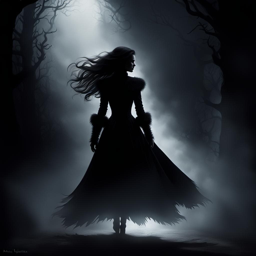 Vamperella Silhouette in Chiaroscuro, Dark Fantasy Art