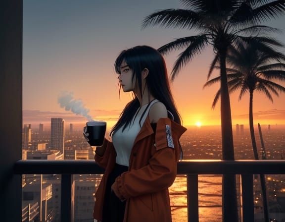 A Melancholic Anime Girl in Sunset Solitude