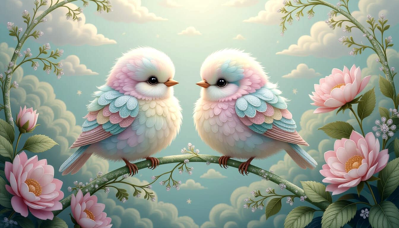 Fluffy Pastel Birds on Branch with Glittering Threads