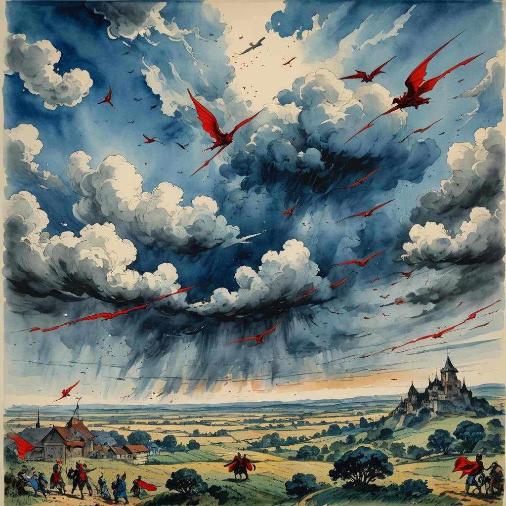 Epic Battlefield Scene in Ink Drawing Style