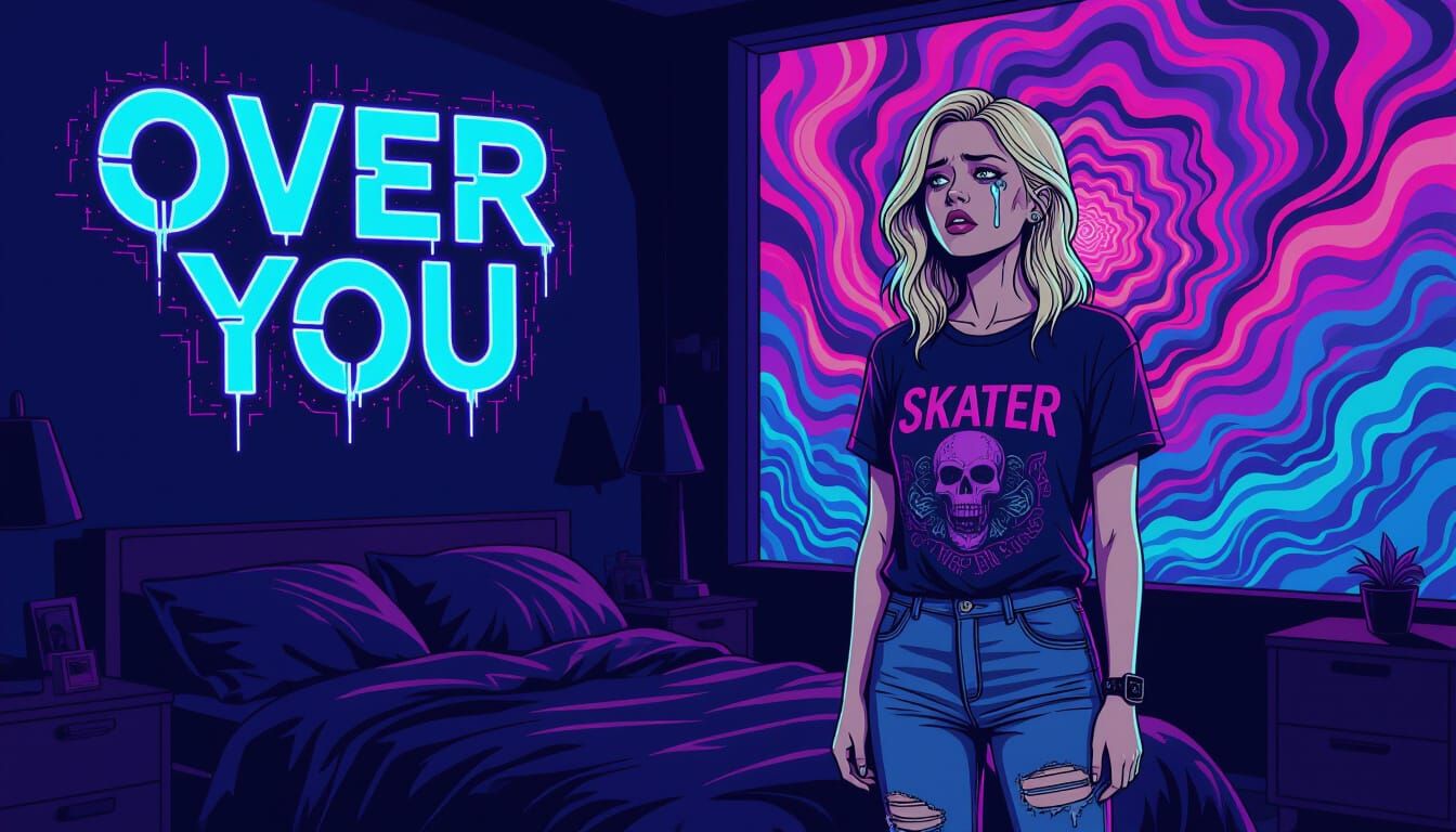 Melancholic Skater Girl in Psychedelic Art Deco Style