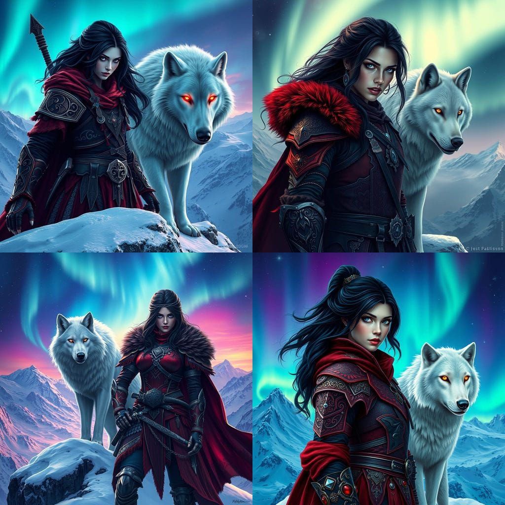 Fierce Warrior Princess Stands Amidst Ethereal Snowy Peaks