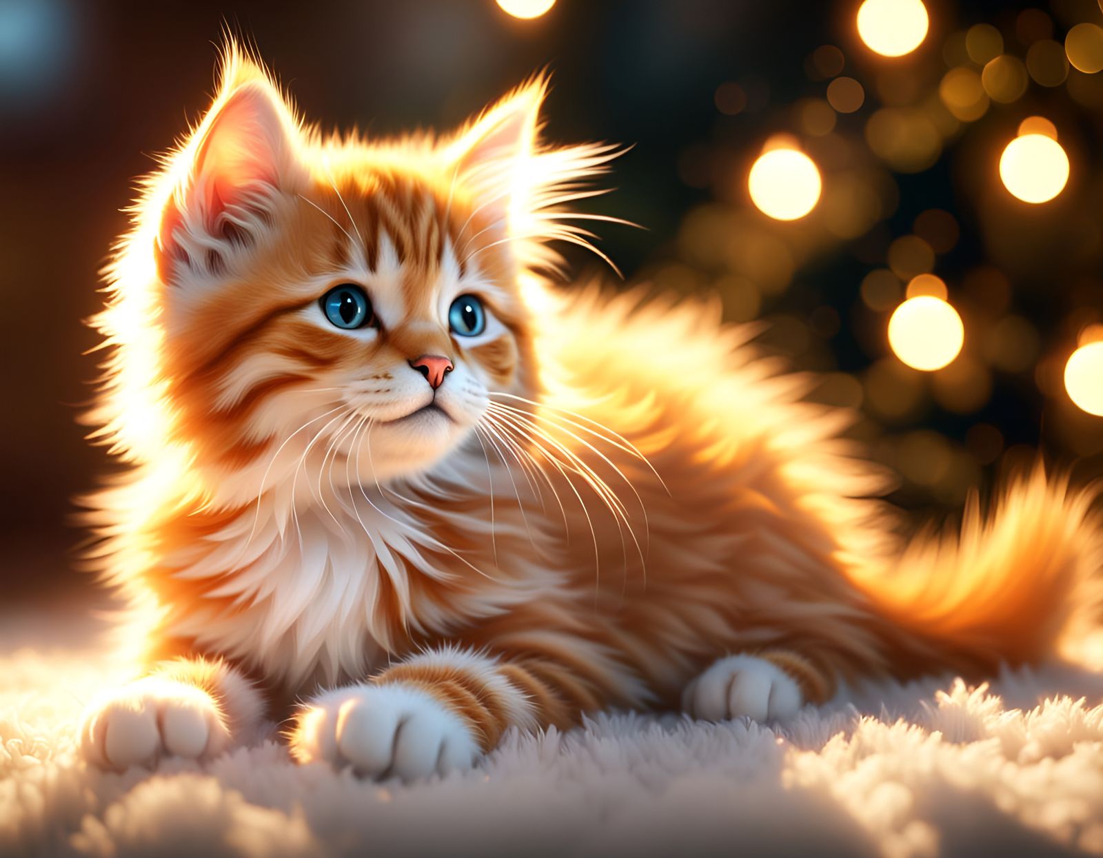 Fluffy Kitten Plays in String Lights
