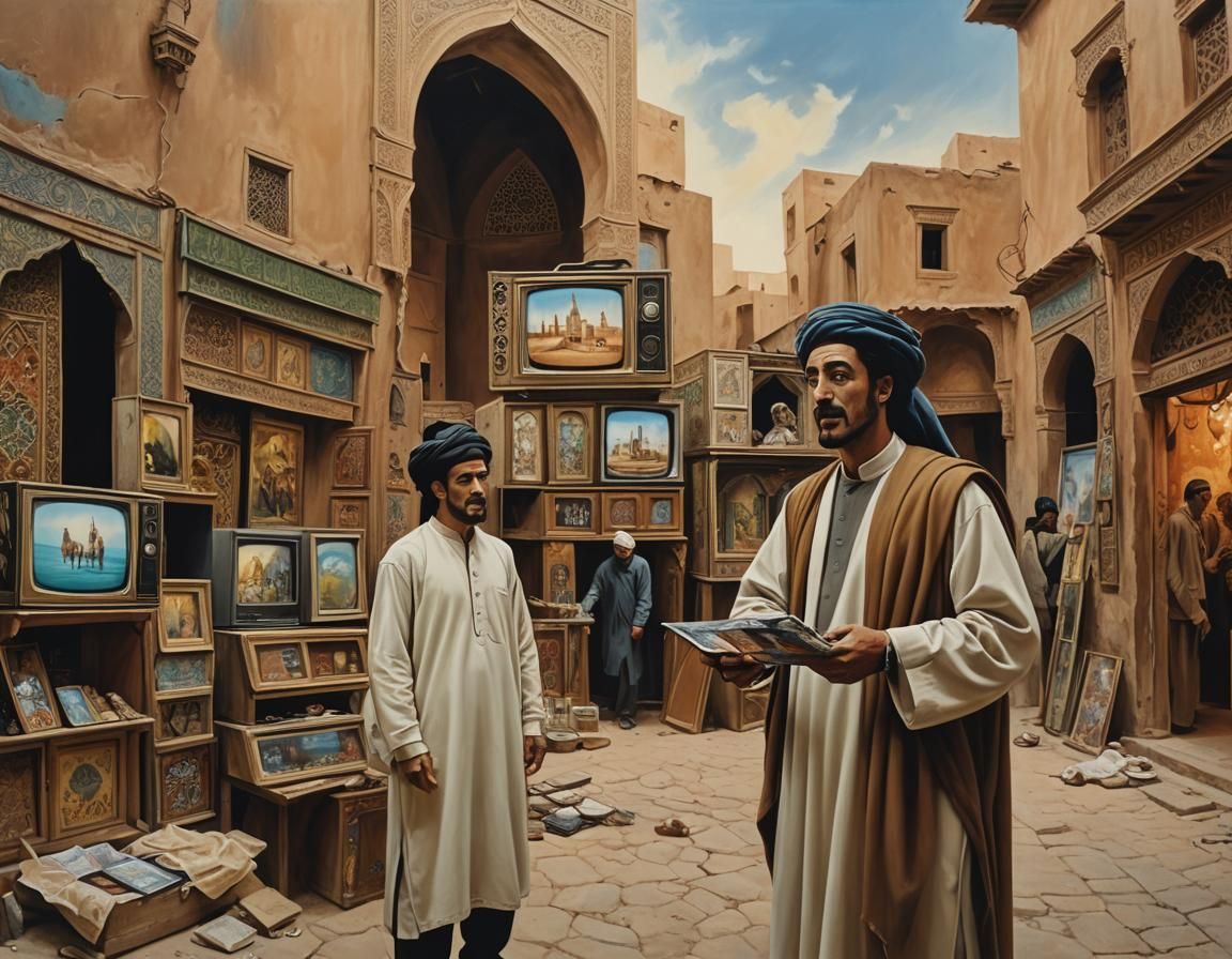 Arab Man Selling TV in Apocalypse, Surreal Oil Painting
