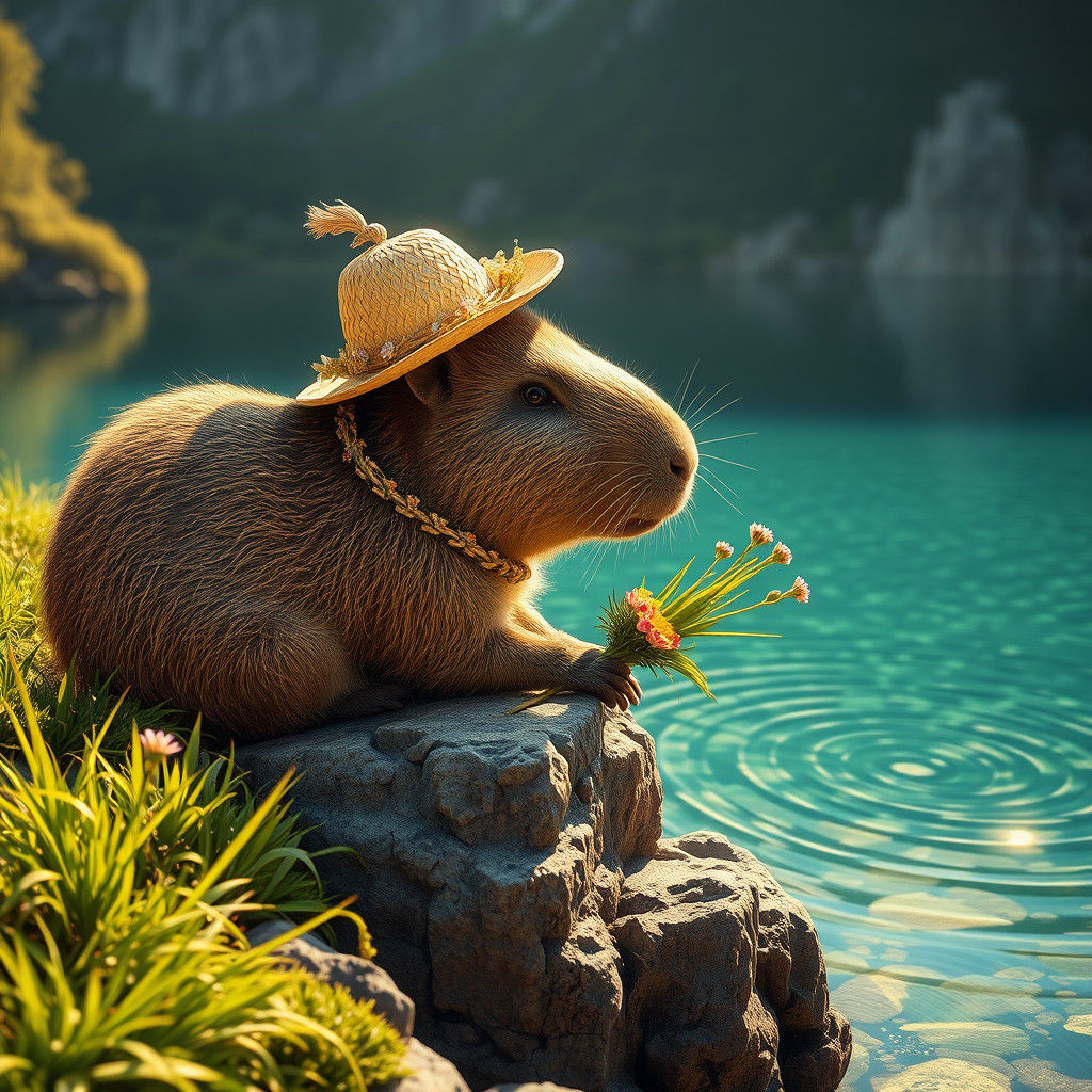 Capybara Lounging by Lake in Atmospheric Style